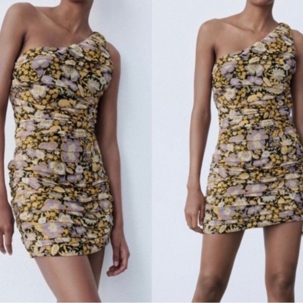 Zara one shoulder ruched floral metallic mini dress